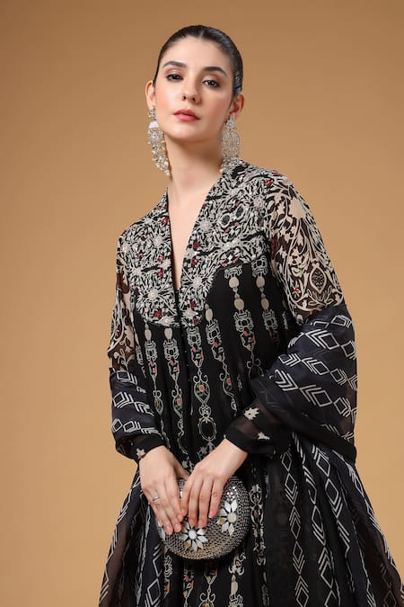 Shop_Gazab by Miku Kumar_Black Crepe, Silk, Organza Embroidery Khwabida Jacket Anarkali Palazzo Set 