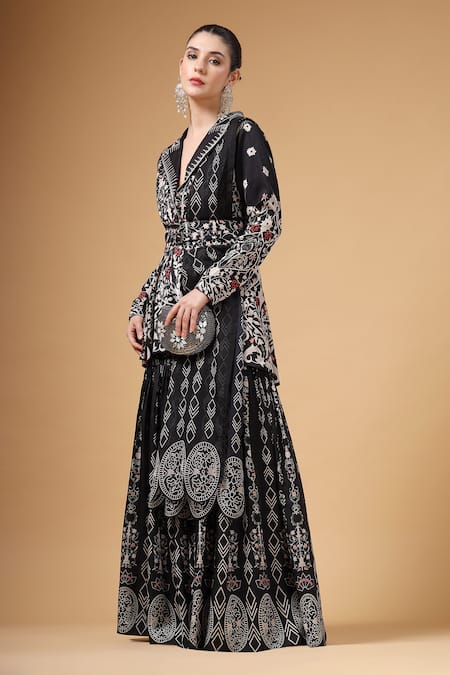 Buy_Gazab by Miku Kumar_Black Crepe, Silk V-neck Noorani Printed Jacket Sharara Set _Online_at_Aza_Fashions