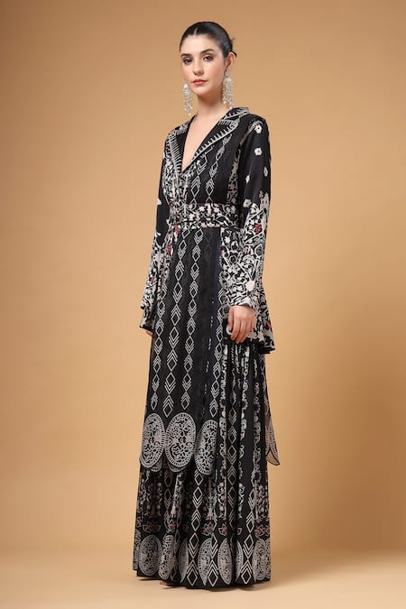 Shop_Gazab by Miku Kumar_Black Crepe, Silk V-neck Noorani Printed Jacket Sharara Set _Online_at_Aza_Fashions