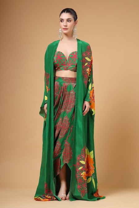 Gazab by Miku Kumar_Green Silk, Crepe Round Neck Saqiya Printed Kaftan With Palazzo _at_Aza_Fashions