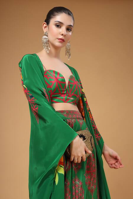 Buy_Gazab by Miku Kumar_Green Silk, Crepe Round Neck Saqiya Printed Kaftan With Palazzo 