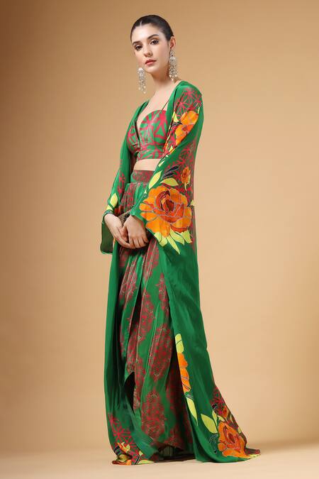 Shop_Gazab by Miku Kumar_Green Silk, Crepe Round Neck Saqiya Printed Kaftan With Palazzo 