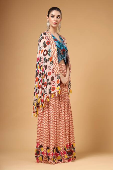 Buy_Gazab by Miku Kumar_Peach Georgette Open Neck, Jamila Printed Cape Palazzo Set _Online_at_Aza_Fashions