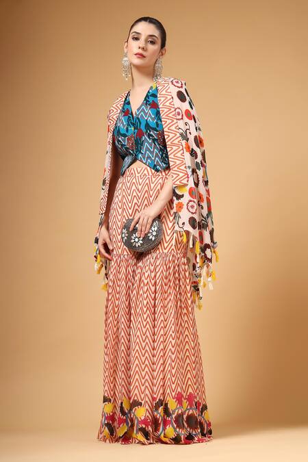 Shop_Gazab by Miku Kumar_Peach Georgette Open Neck, Jamila Printed Cape Palazzo Set _Online_at_Aza_Fashions