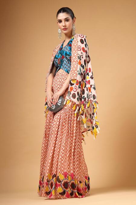 Gazab by Miku Kumar_Peach Georgette Open Neck, Jamila Printed Cape Palazzo Set _at_Aza_Fashions