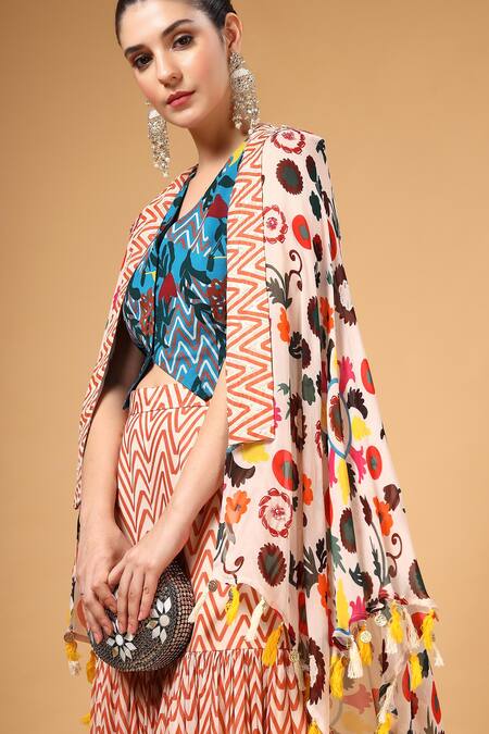 Shop_Gazab by Miku Kumar_Peach Georgette Open Neck, Jamila Printed Cape Palazzo Set 