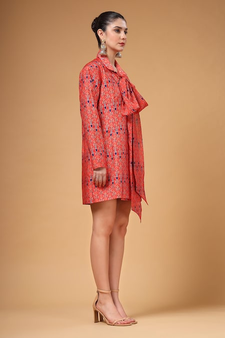 Buy_Gazab by Miku Kumar_Red Silk Ribbons Collared Meera Bow Jacket Dress _Online_at_Aza_Fashions
