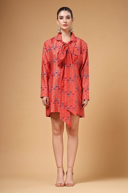 Gazab by Miku Kumar_Red Silk Ribbons Collared Meera Bow Jacket Dress _at_Aza_Fashions