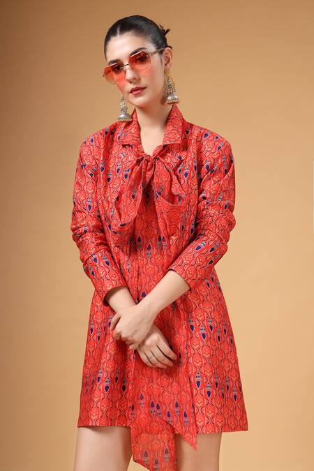 Buy_Gazab by Miku Kumar_Red Silk Ribbons Collared Meera Bow Jacket Dress 
