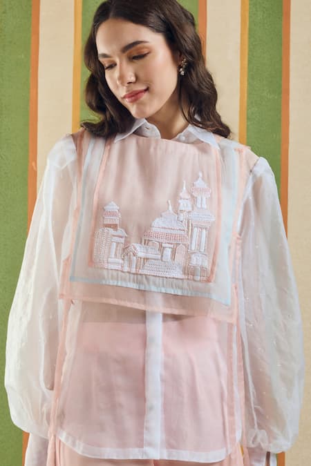 Buy_Orthodox_Peach Organza Embroidery Collared Architectural Domes Top _Online_at_Aza_Fashions