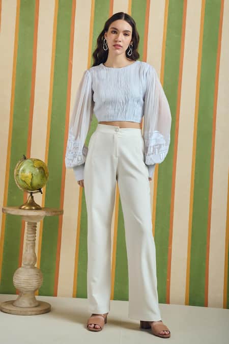 Orthodox_Sky Blue Organza Embroidery, Beads Round Neck Sheer Form Dome Thread Top _Online_at_Aza_Fashions