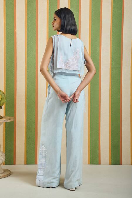 Orthodox_Sky Blue Organza Embroidery Round Neck Basilica Overlay Square Top _Online_at_Aza_Fashions