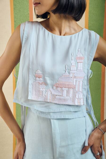 Buy_Orthodox_Sky Blue Organza Embroidery Round Neck Basilica Overlay Square Top _Online_at_Aza_Fashions