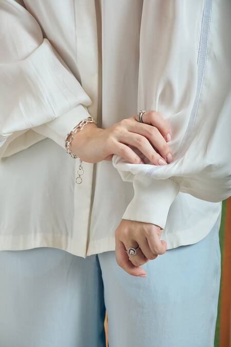 Orthodox_Off White Cotton Satin Mandarin Collar Colosseum Bishop Sleeve Shirt _Online_at_Aza_Fashions