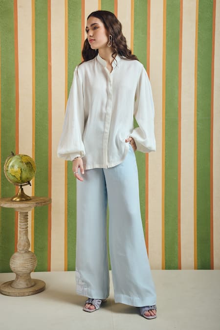 Buy_Orthodox_Off White Cotton Satin Mandarin Collar Colosseum Bishop Sleeve Shirt _Online_at_Aza_Fashions