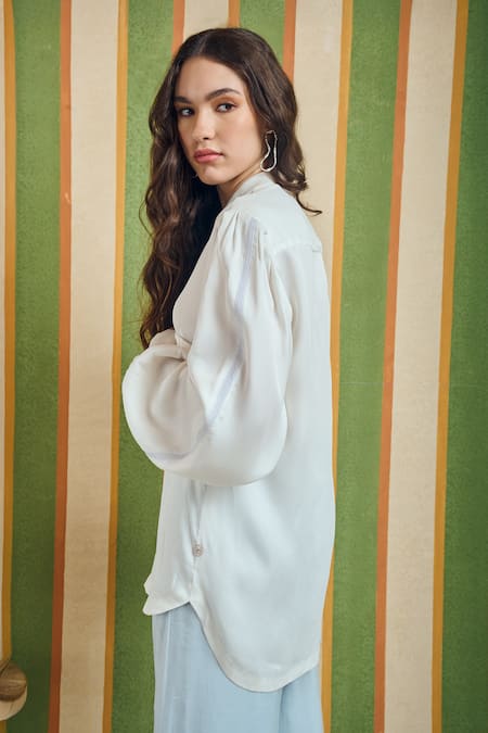 Shop_Orthodox_Off White Cotton Satin Mandarin Collar Colosseum Bishop Sleeve Shirt _Online_at_Aza_Fashions