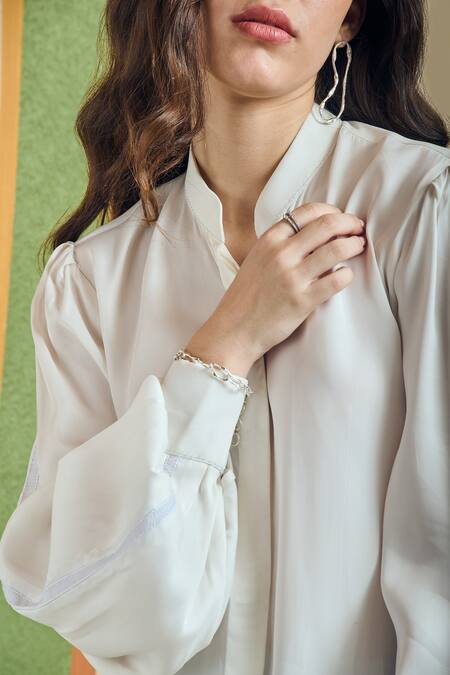 Orthodox_Off White Cotton Satin Mandarin Collar Colosseum Bishop Sleeve Shirt _at_Aza_Fashions