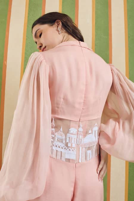 Orthodox_Pink Cotton Satin, Organza Embroidery Clerestory Architectural Jumpsuit _Online_at_Aza_Fashions