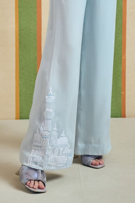Orthodox_Sky Blue Organza Embroidery Mono Architectural Trouser _Online_at_Aza_Fashions