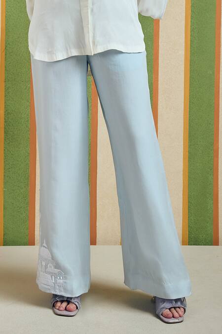 Buy_Orthodox_Sky Blue Organza Embroidery Mono Architectural Trouser _Online_at_Aza_Fashions