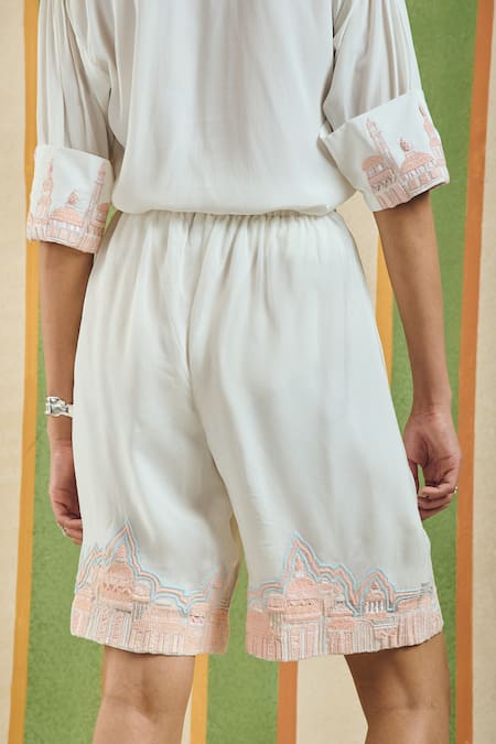 Orthodox_White Organza Embroidery Block Tone Architectural Shorts _Online_at_Aza_Fashions