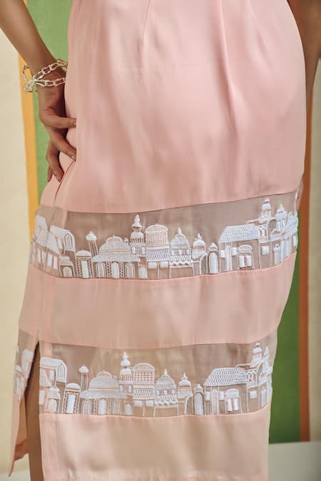 Shop_Orthodox_Pink Organza, Cotton Satin Embroidery Segment Pencil Skirt _Online_at_Aza_Fashions