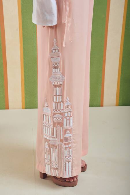 Orthodox_Peach Cotton Satin Embroidery Linear Structure Threadwork Trouser _Online_at_Aza_Fashions