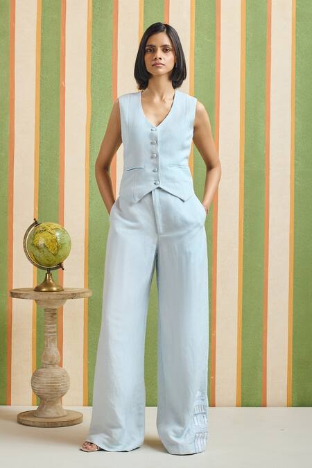 Orthodox_Sky Blue Cotton, Linen V-neck Minar Vest _Online_at_Aza_Fashions