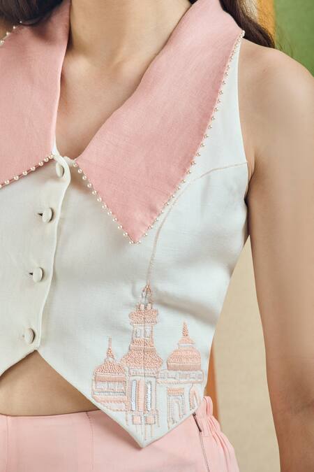 Buy_Orthodox_White Cotton, Linen Collared, V-neck Chelcie Asymmetric Hem Vest _Online_at_Aza_Fashions