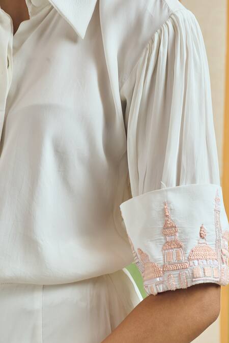 Orthodox_White Satin Embroidery Collared Crescent Sleeve Shirt _Online_at_Aza_Fashions
