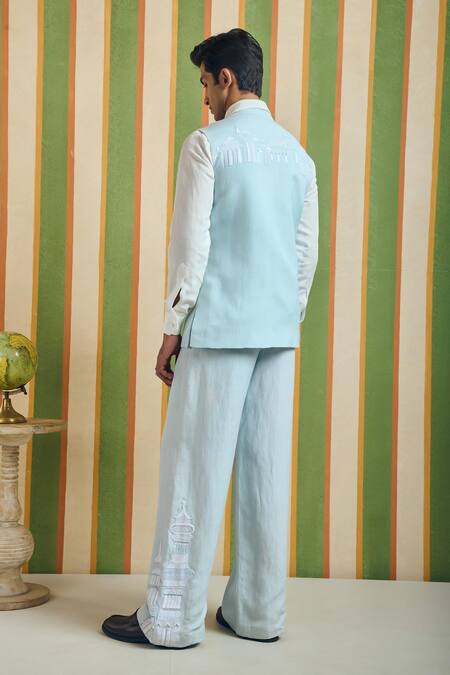 Orthodox Sky Blue Cotton, Linen Embroidery Minaret Panel Sadri Nehru Jacket Online at Aza Fashions Orthodox_Sky Blue Cotton, Linen Embroidery Minaret Panel Sadri Nehru Jacket _Online_at_Aza_Fashions