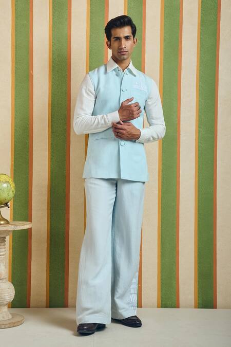 Buy Orthodox Sky Blue Cotton, Linen Embroidery Minaret Panel Sadri Nehru Jacket Online at Aza Fashions Buy_Orthodox_Sky Blue Cotton, Linen Embroidery Minaret Panel Sadri Nehru Jacket _Online_at_Aza_Fashions