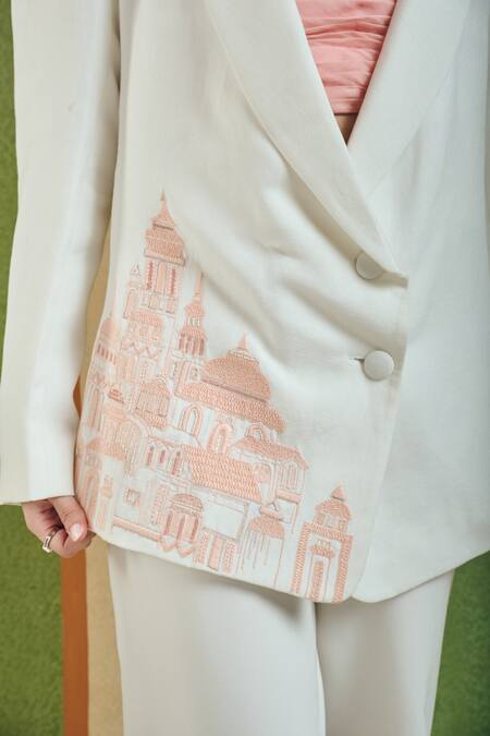 Orthodox_White Cotton, Linen Embroidery Axis Architectural Blazer _Online_at_Aza_Fashions