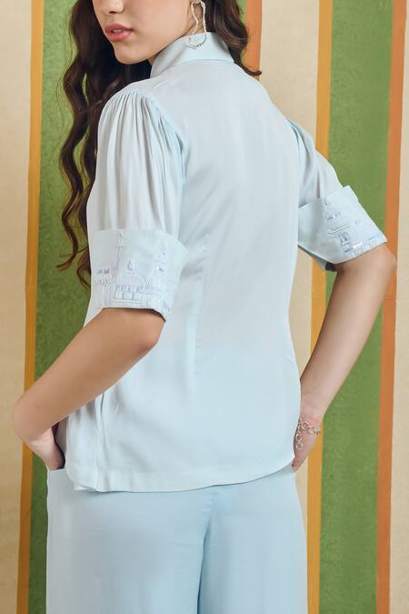 Buy_Orthodox_Sky Blue Satin Embroidery, Sequins Collared Folded Edge Shirt _Online_at_Aza_Fashions