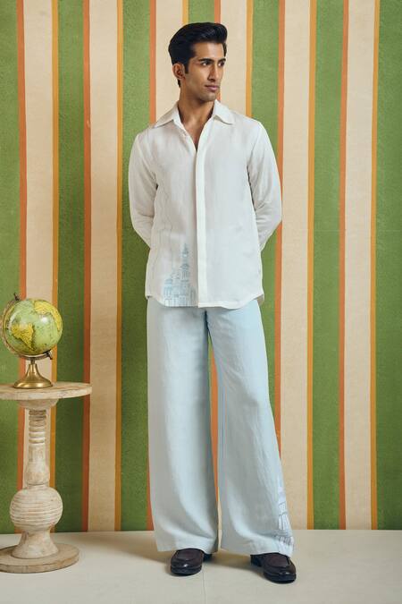 Orthodox_White Cotton, Linen Embroidery Citadel Architectural Shirt _Online_at_Aza_Fashions