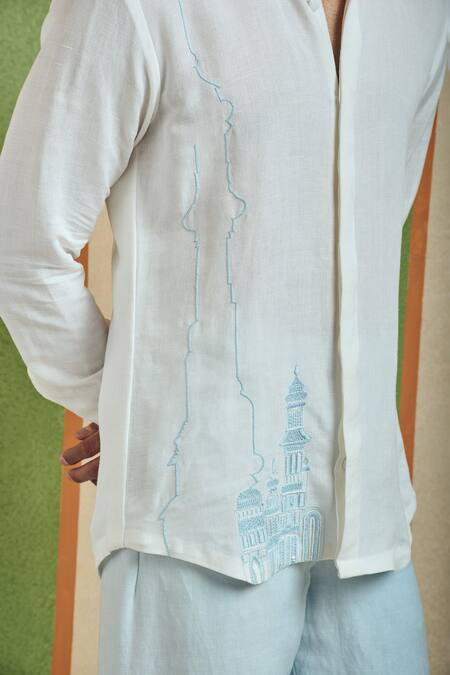 Buy_Orthodox_White Cotton, Linen Embroidery Citadel Architectural Shirt _Online_at_Aza_Fashions
