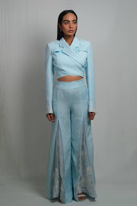 Orthodox_Sky Blue Cotton, Linen Embroidery Serai Cross Crop Blazer _Online_at_Aza_Fashions