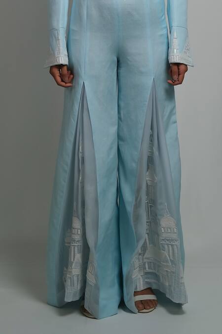 Orthodox_Sky Blue Cotton, Linen, Organza Minaret Veil Architectural Domes Trouser _Online_at_Aza_Fashions