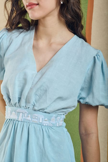 Orthodox_Blue Cotton, Linen Embroidery, Bows V-neck Backtie Tonal Dome Dress _Online_at_Aza_Fashions