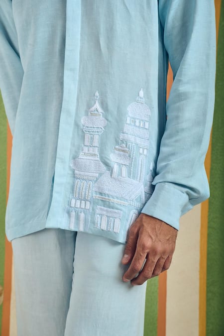 Orthodox_Sky Blue Linen, Cotton Embroidery Panel Edge Architectural Shirt _Online_at_Aza_Fashions