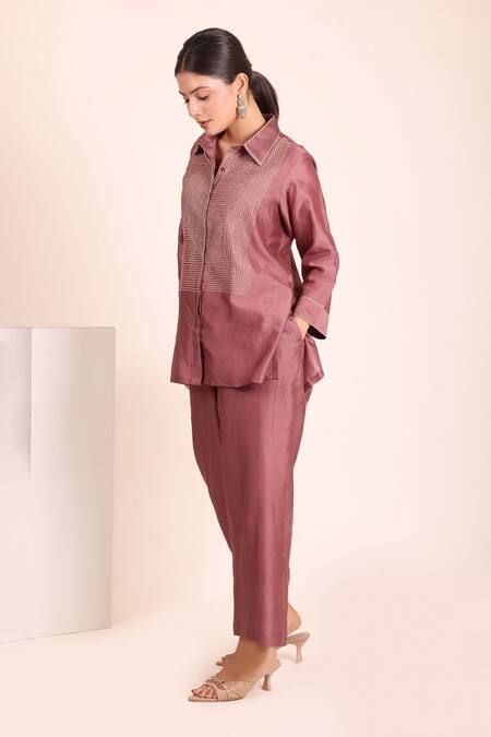 Myra Clothing Line_Mauve Chanderi Embroidery Collared Hand Work Shirt And Pant Set _Online_at_Aza_Fashions