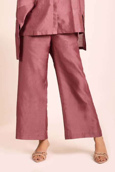 Buy_Myra Clothing Line_Mauve Chanderi Embroidery Collared Hand Work Shirt And Pant Set _Online_at_Aza_Fashions