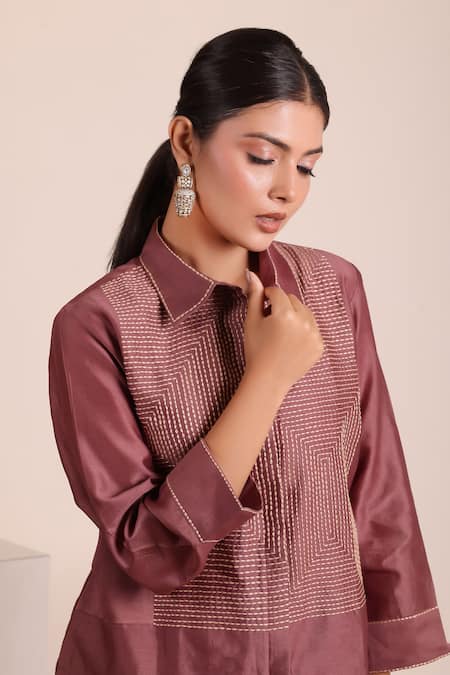 Shop_Myra Clothing Line_Mauve Chanderi Embroidery Collared Hand Work Shirt And Pant Set _Online_at_Aza_Fashions