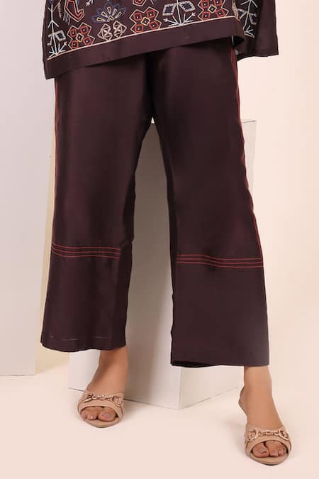 Buy_Myra Clothing Line_Brown Chanderi Embroidery Mandarin Collar Short Kurti And Pant Set _Online_at_Aza_Fashions