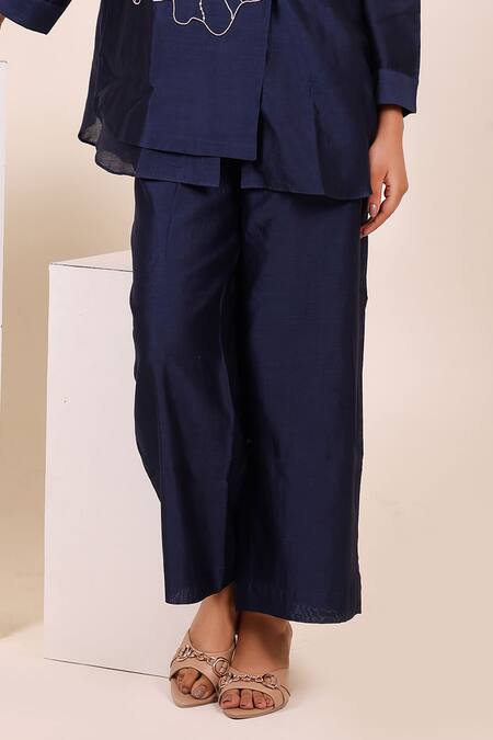 Myra Clothing Line_Navy Chanderi Embroidery Collared Floral Shirt And Pant Set _Online_at_Aza_Fashions