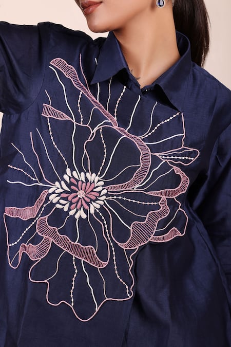 Buy_Myra Clothing Line_Navy Chanderi Embroidery Collared Floral Shirt And Pant Set _Online_at_Aza_Fashions