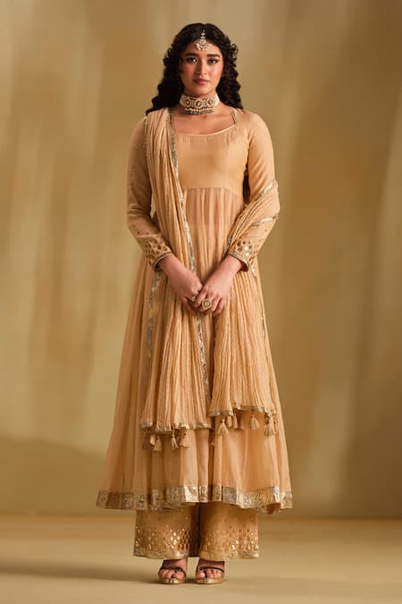 Almaari By Pooja Patel Beige Silk, Chanderi Gota Patti, Tassels Square Arya Embroidered Anarkali Set