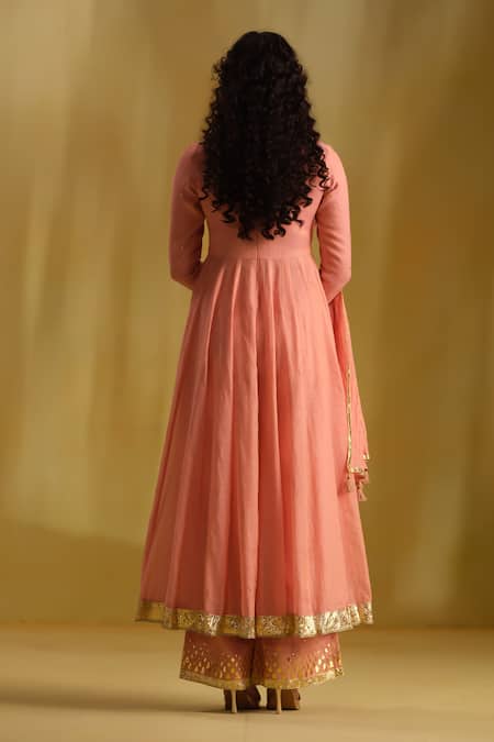Shop_Almaari By Pooja Patel_Pink Silk, Chanderi, Tissue Gota Patti, Arya Embroidered Anarkali Pant Set _at_Aza_Fashions