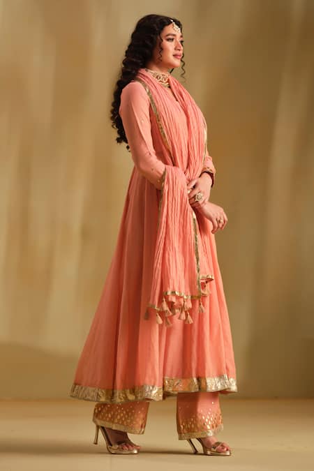Almaari By Pooja Patel_Pink Silk, Chanderi, Tissue Gota Patti, Arya Embroidered Anarkali Pant Set _Online_at_Aza_Fashions