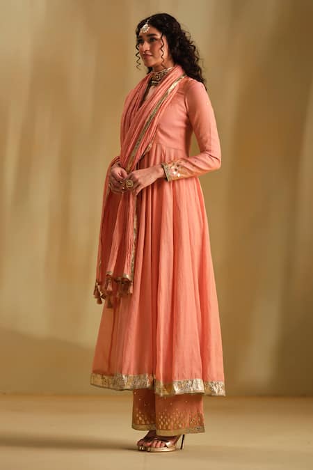 Buy_Almaari By Pooja Patel_Pink Silk, Chanderi, Tissue Gota Patti, Arya Embroidered Anarkali Pant Set _Online_at_Aza_Fashions